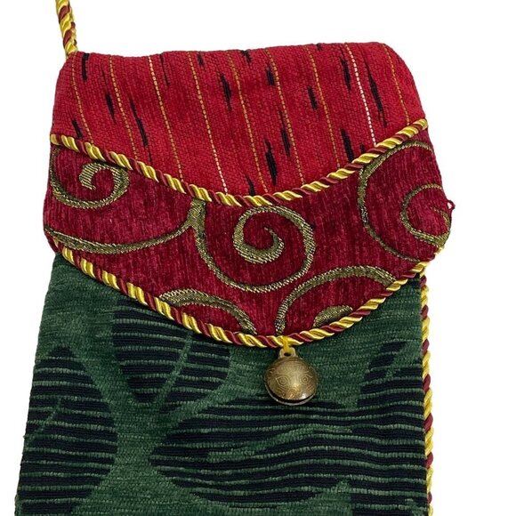 Christmas Tapestry Stocking with Bell Red Green Scroll by Season's Design - Picture 2 of 8